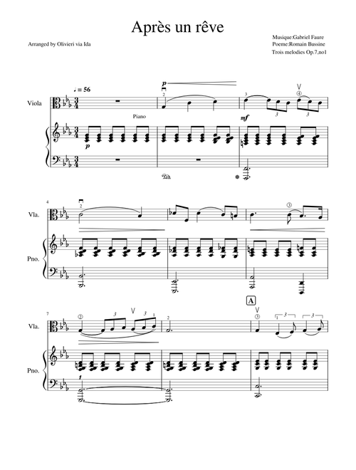 Faure Apres un Reve Viola and Piano sheet music arranged by sophiasapprentice