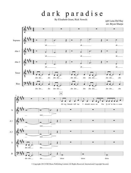 Dark Paradise (Arr. Bsharpe Music) - Lana Del Ray (Choral, SATB)