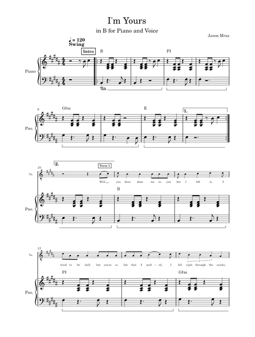 I'm yours – Jason Mraz for Piano and Voice