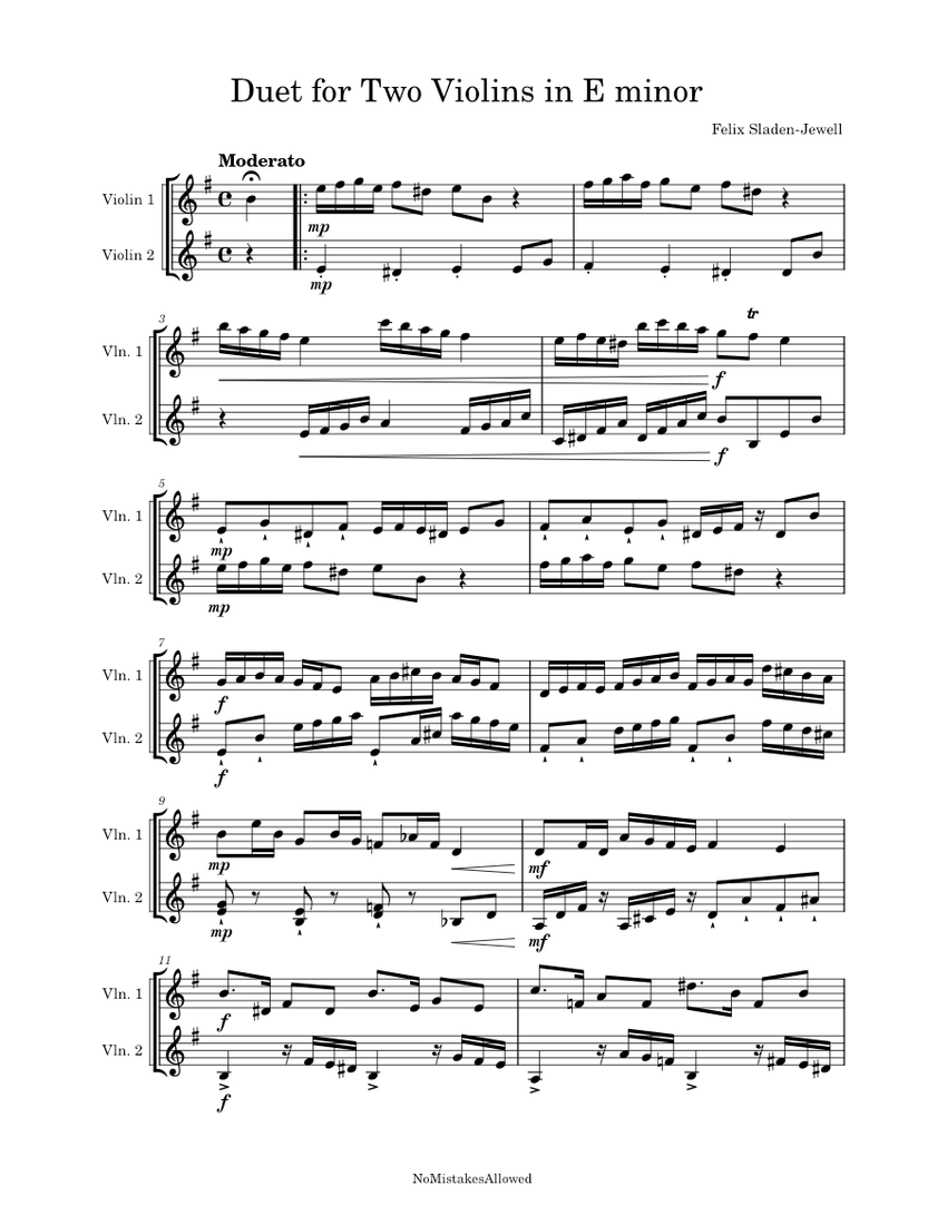 Duet for Two Violins in E minor Sheet Music for Violin (String Duet ...