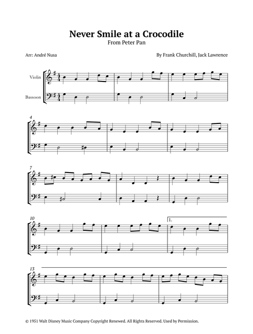 Never Smile At A Crocodile (Arr. André Nusa) - Jack Lawrence, Frank Churchill (Instrumental Duet)