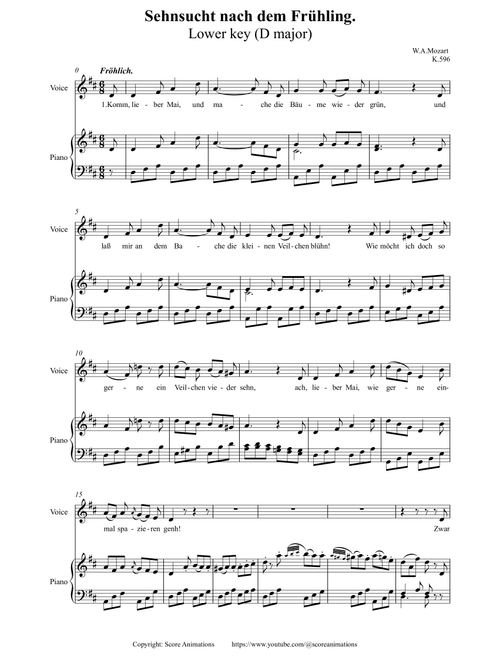 MOZART: “Sehnsucht nach dem Frühling“ K.596 Lower key D major (Arr. Score Animations) (Piano Vocal)