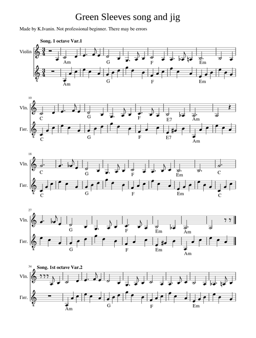 GreenSleeves song and jig Violin C key