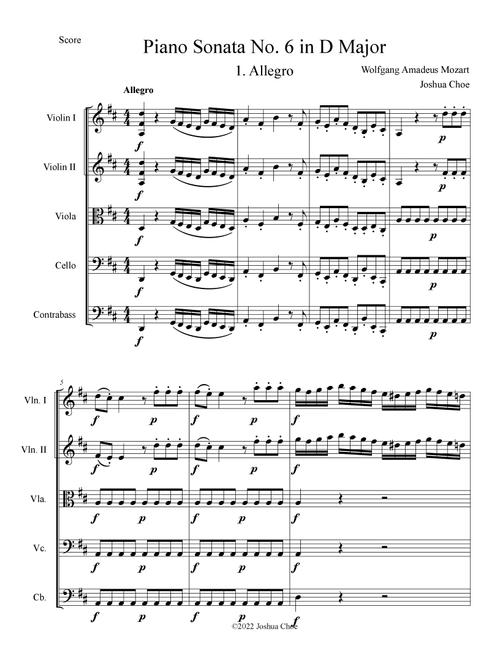 Piano Sonata No. 6 in D Major, Movement 1 (Arr. Joshua Choe) - Wolfgang Amadeus Mozart (Orchestra)