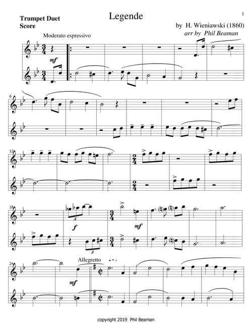 Legende-Wieniawski-Trumpet duet (Arr. Phil Beaman) - H Wieniawski (Trumpet Duet)