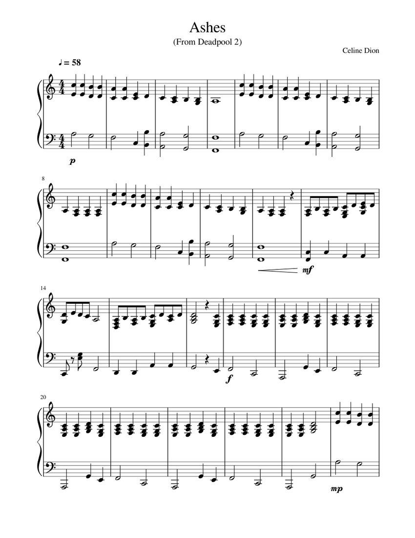 Ashes Celine Dion Deadpool 2 Sheet music for Piano Solo Easy Musescore