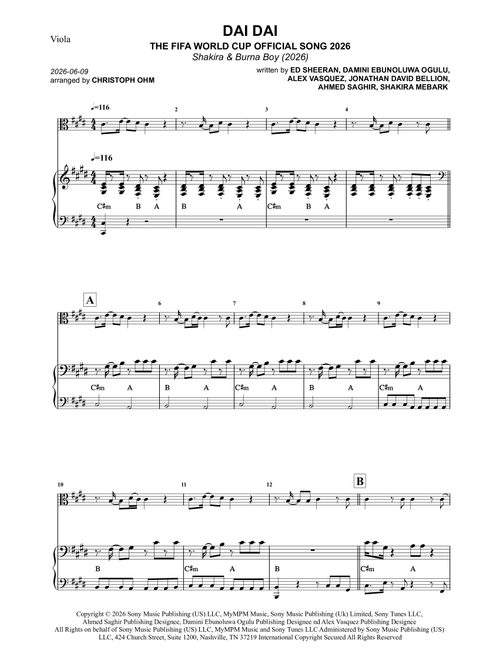 Dai Dai (Arr. Christoph Ohm) - Shakira & Burna Boy (Viola and Piano)