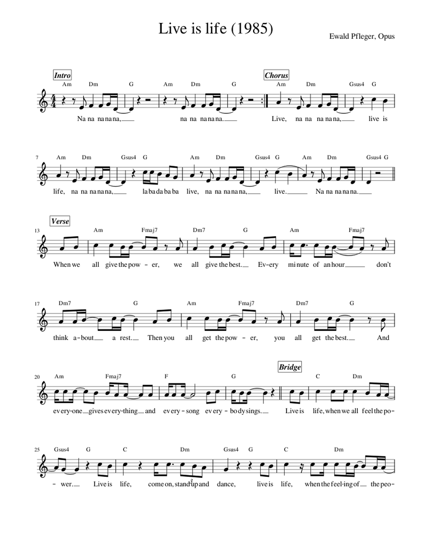Live is life Sheet Music with Chords for Vocals (Solo) | MuseScore.com