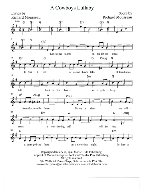 A Cowboy's Lullaby (Arr. Richard Mousseau) - Rick Moose (Guitar Chords-Lyrics)