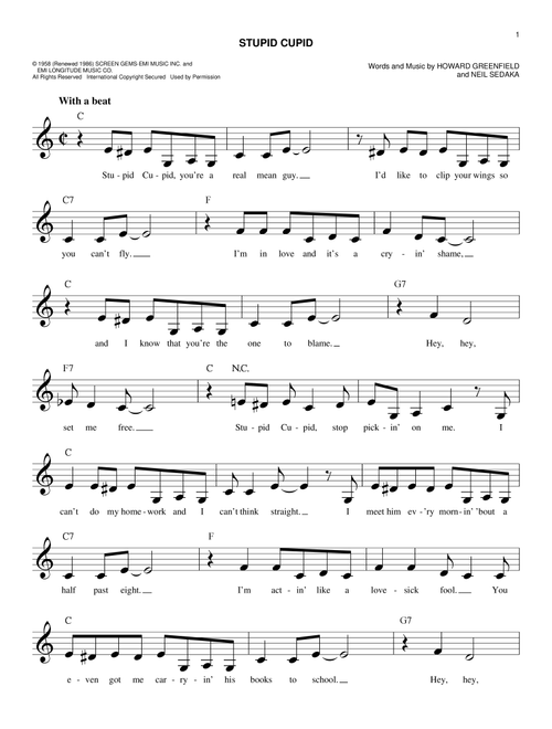 Stupid Cupid - Connie Francis (Easy Lead Sheet - Fake Book)