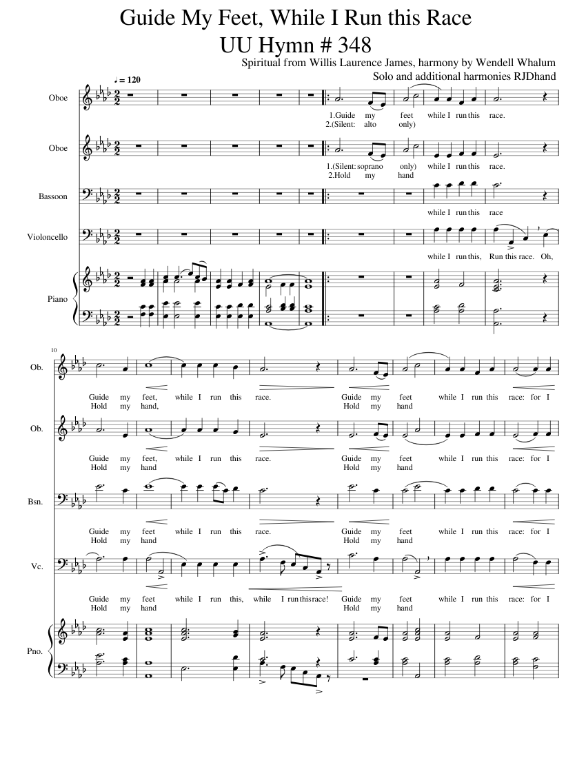 Guide My Feet, While I Run this Race. SATB &amp; solo. UU hymn #348 Sheet Music for Piano, Oboe ...