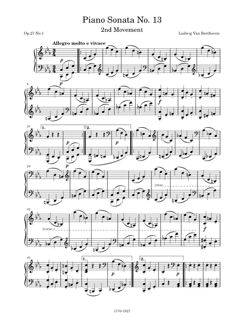Piano Sonata No. 13 in E-Flat Major, Op.27 No.1, 2nd Movement - Ludwig van Beethoven