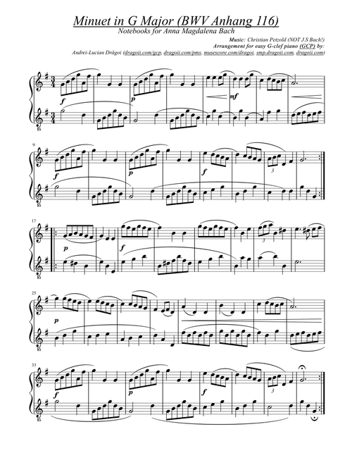Petzold (NOT Bach!) - Minuet in G Major (BWV Anhang 116) - G-clef piano/harp (GCP/GCH) arrangement (Arr. Dragoi Andrei Lucian) (Piano Solo)