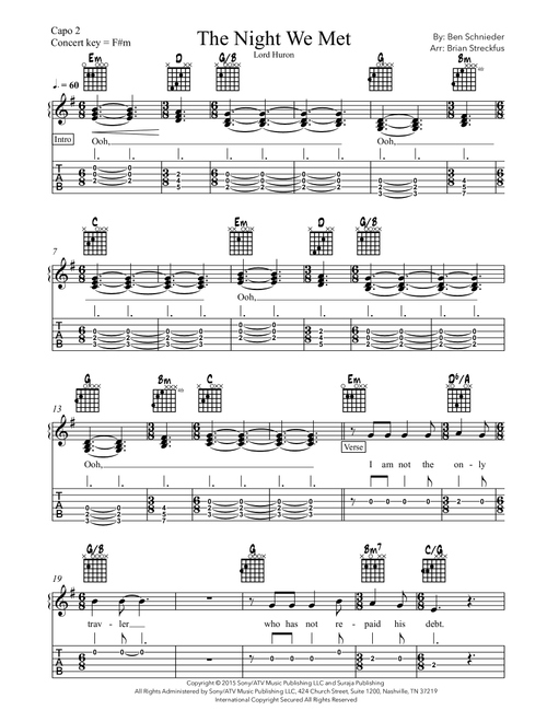 The Night We Met (Arr. Brian Streckfus) - Lord Huron (Guitar Chords-Lyrics)