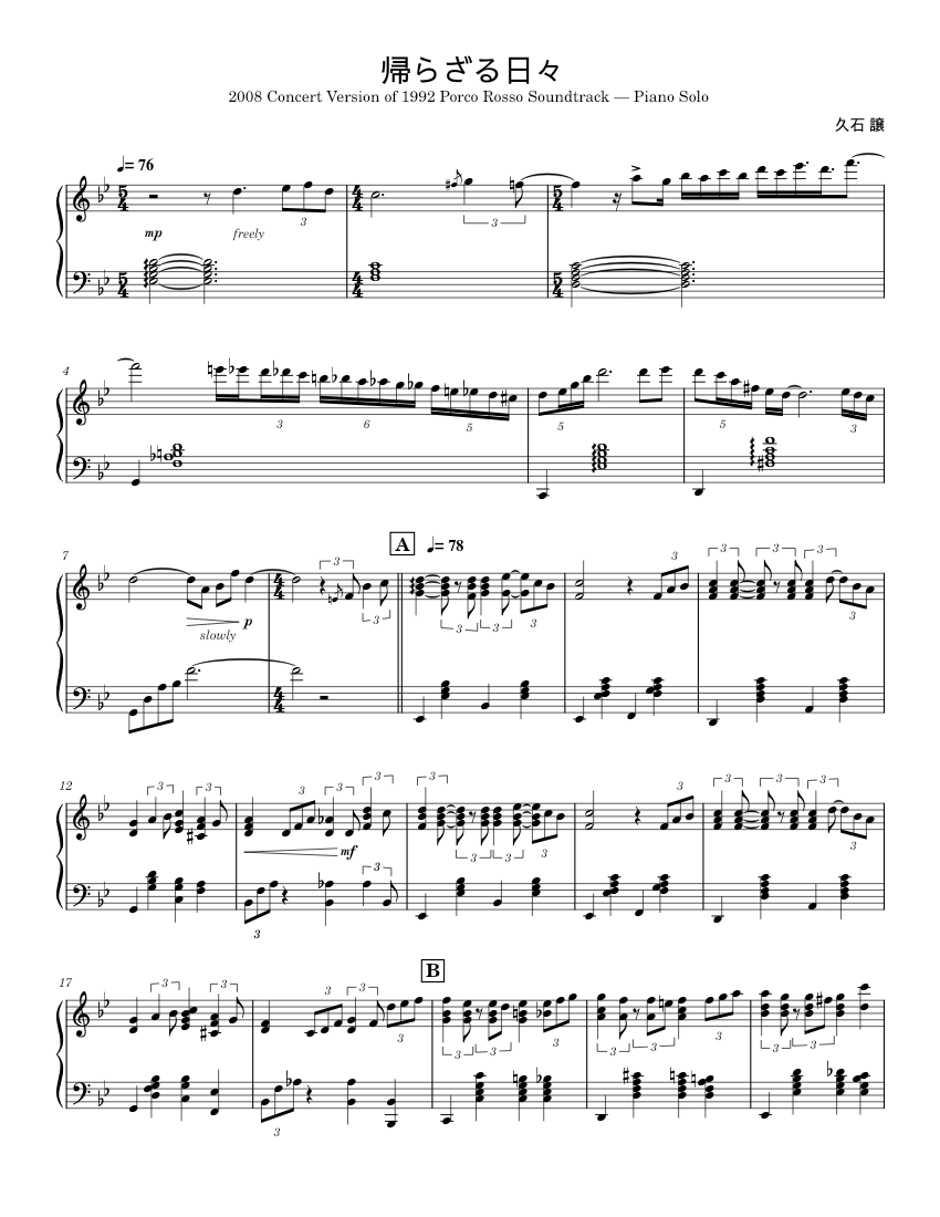 帰らざる日々 – 久石 譲 Sheet Music for Piano (Solo) | MuseScore.com