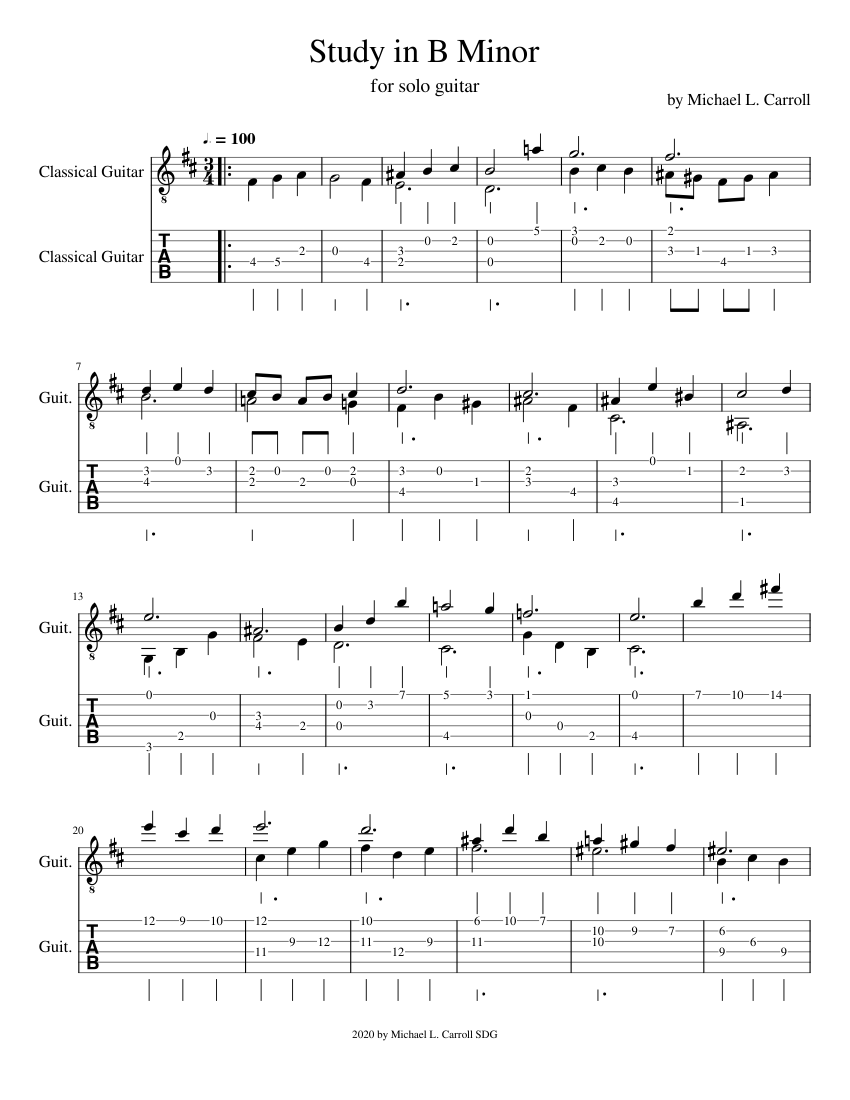 Study_in_B_Minor (with tablature) Sheet Music and Tab for Guitar (Solo ...