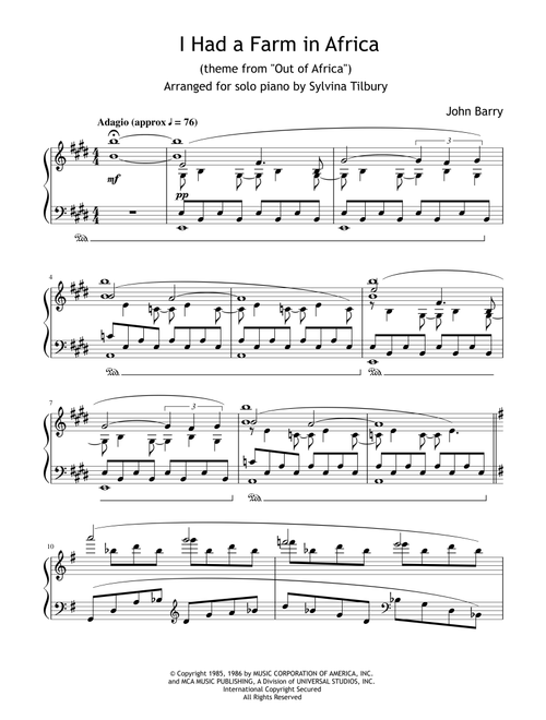 I Had A Farm In Africa (main Title) (Arr. Sylvina Tilbury) - John Barry (Piano Solo)