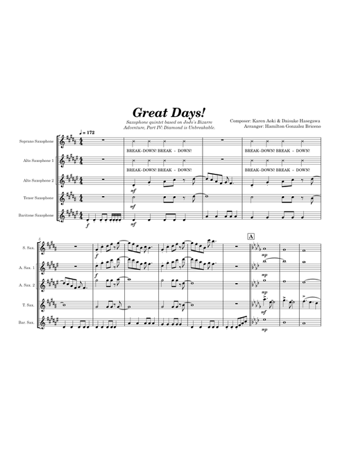 "Great Days!" (From: Diamond is Unbreakable) - Saxophone Quintet