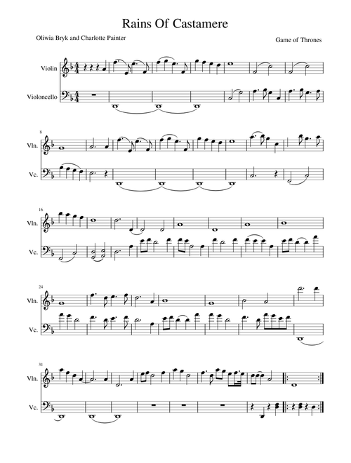 Rains Of Castamere - Violin and Cello Duet