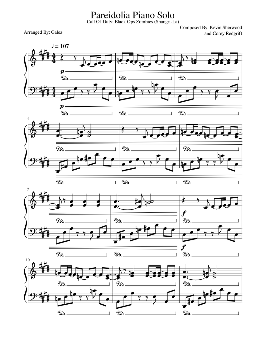 Pantera,VulgarDisplayOfpower,bandscore楽譜 Pareidolia Piano Solo Sheet Music for Piano (Solo) Easy