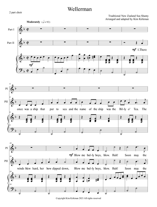 Wellerman - for two-part choir and piano - with word changes to save whales in final verse (Arr. Kim Kirkman) - Traditional New Zealand Sea Shanty (Choral, 2-Part)