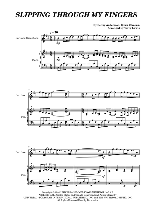 Slipping Through My Fingers (Arr. Terry Lewis) - ABBA (Baritone Sax and Piano)