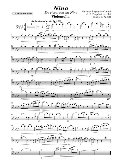 Tre giorni son che Nina – G.B. Pergolesi ( Pergolese ) - V.L. Ciampi - Violoncello and Piano accompaniment