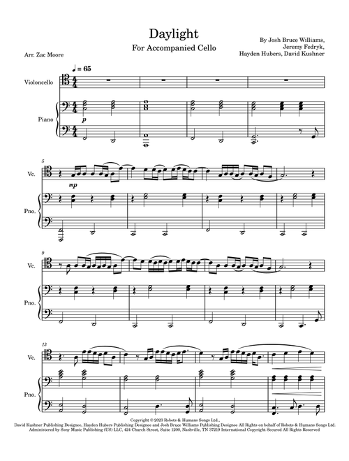 Daylight (Arr. Zac Moore) - David Kushner (Cello and Piano)