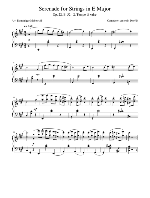 Dvorak - Serenade for Strings in E Major (Op. 22, II) for Piano