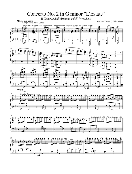 Vivaldi - Violin Concerto in G minor, Op. 8, No. 2, RV. 315 "Summer" for Solo Piano