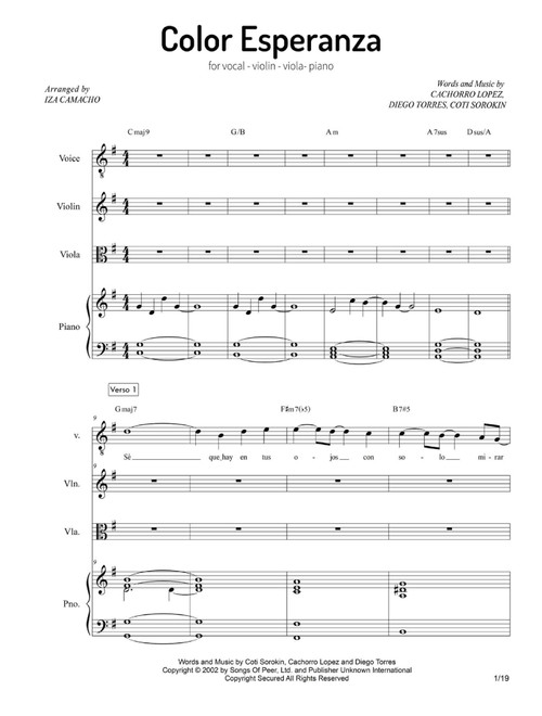 Color Esperanza (Arr. Iza Camacho F.) - Cachorro Lopez, Coti Sorokin, Diego Torres (Small Ensemble)