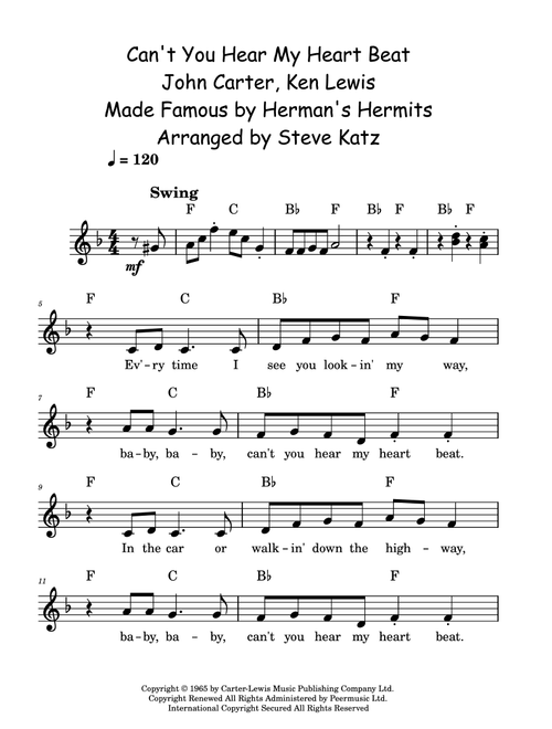 Can't You Hear My Heart Beat (Arr. Steve Katz) - Herman's Hermits (Lead Sheet - Fake Book)