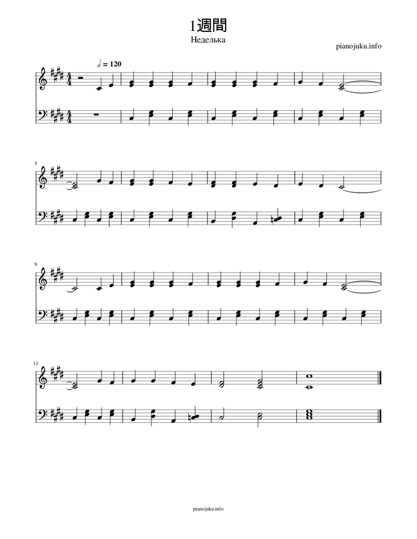 1週間 初心者向けピアノ楽譜 Sheet music for Piano (Solo) Easy