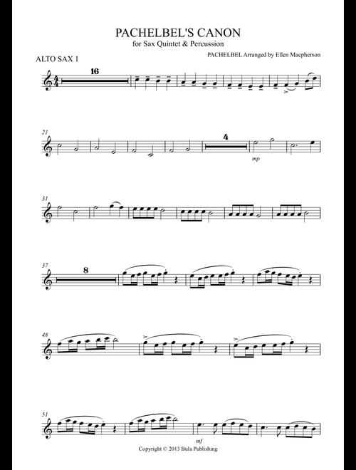 Pachelbel's Cannon - for Sax Quintet & Percussion - ALTO SAX 1 (Arr. Ellen Macpherson) (Woodwind Ensemble)