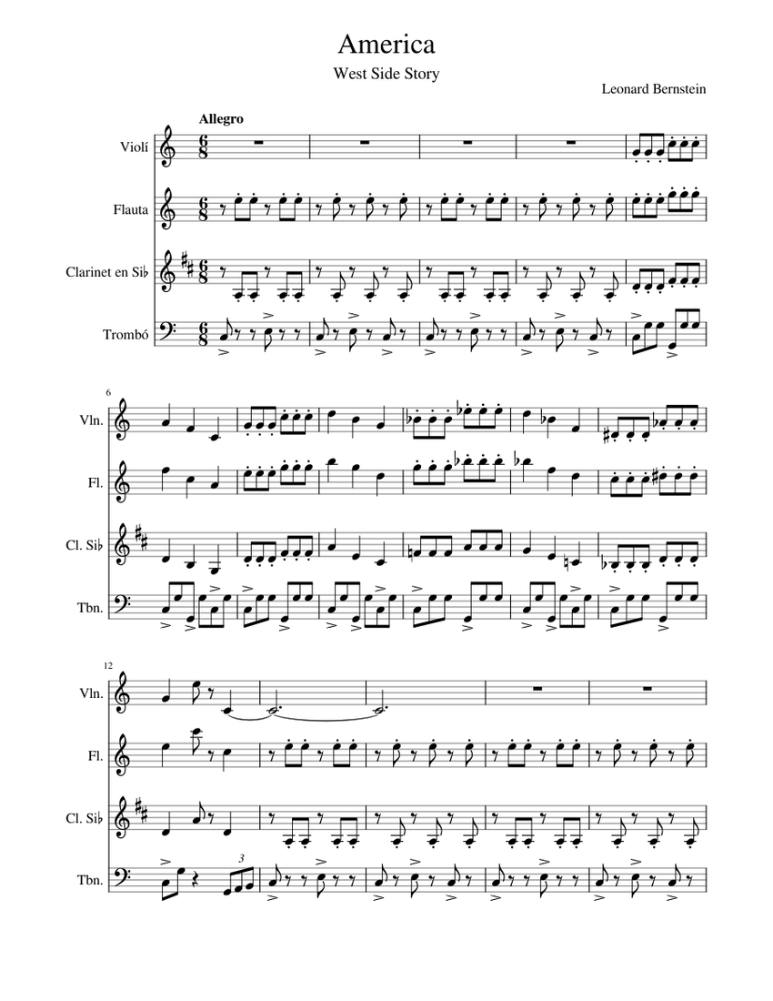 America West Side Story Sheet music for Trombone, Flute, in