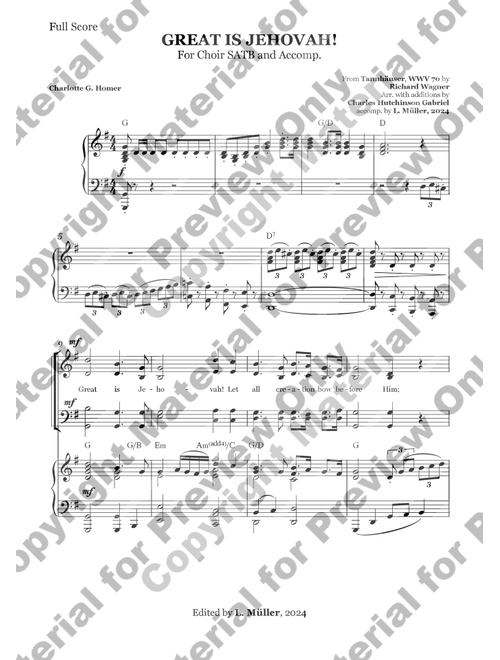 Great is Jehovah! (Tannhäuser) - Arr. C. H. Gabriel - SATB & Accompaniment in G Major with chords (Arr. Charles Hutchinson Gabriel) - Richard Wagner (Choral, SATB)