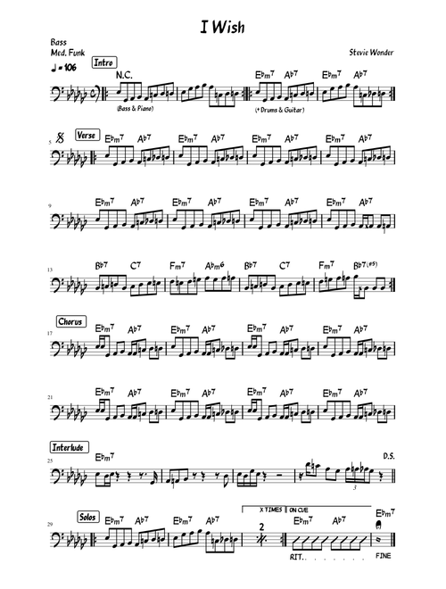 I Wish – Stevie Wonder (Bassline on one single page)