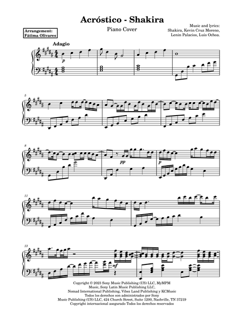 Acrostico (Arr. Fátima Olivares) - Shakira (Piano Solo)