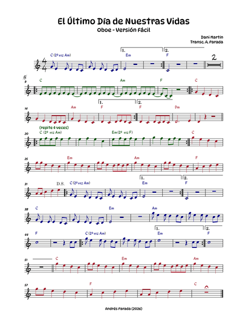 El Último Día De Nuestras Vidas, (Versión Simple) - Oboe