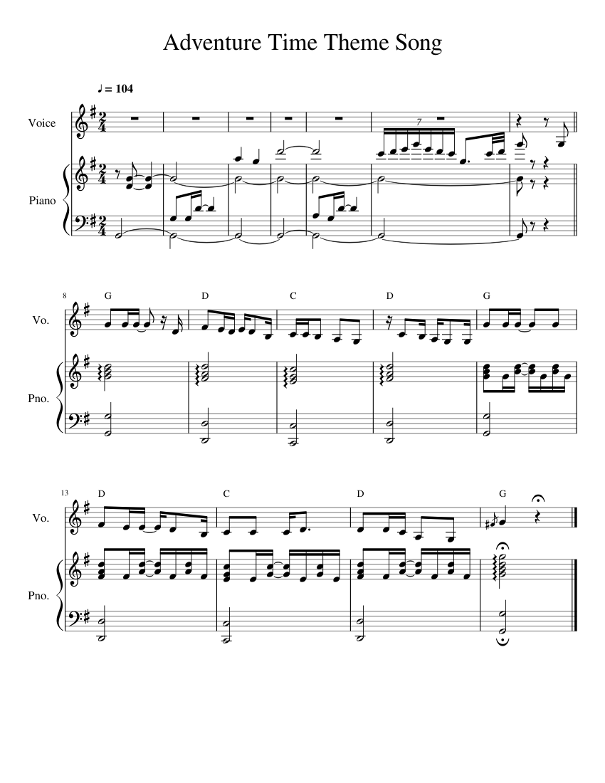 Adventure Time Theme Song Sheet Music for Piano, Vocals (Piano-Voice ...