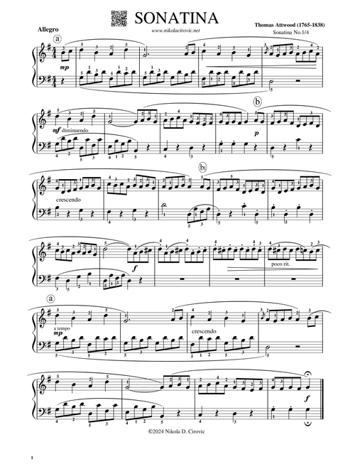 Sonatina in G Major No.1/4 by Thomas Attwood (Arr. Nikola D. Cirovic) (Easy Piano)