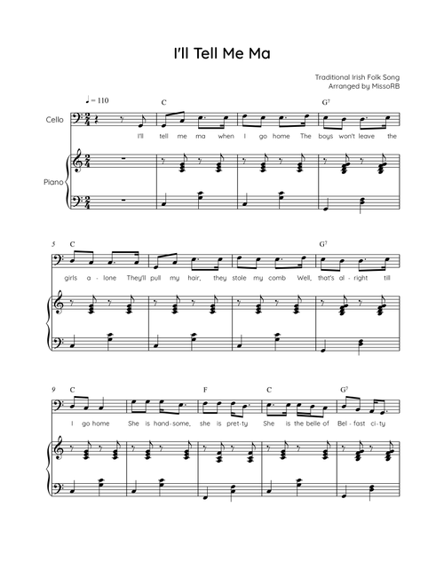 I'll Tell Me Ma - Cello with Piano in C Easy with Chords and Lyrics (Arr. MissoRB) - Traditional Irish Folk Song (Cello and Piano)