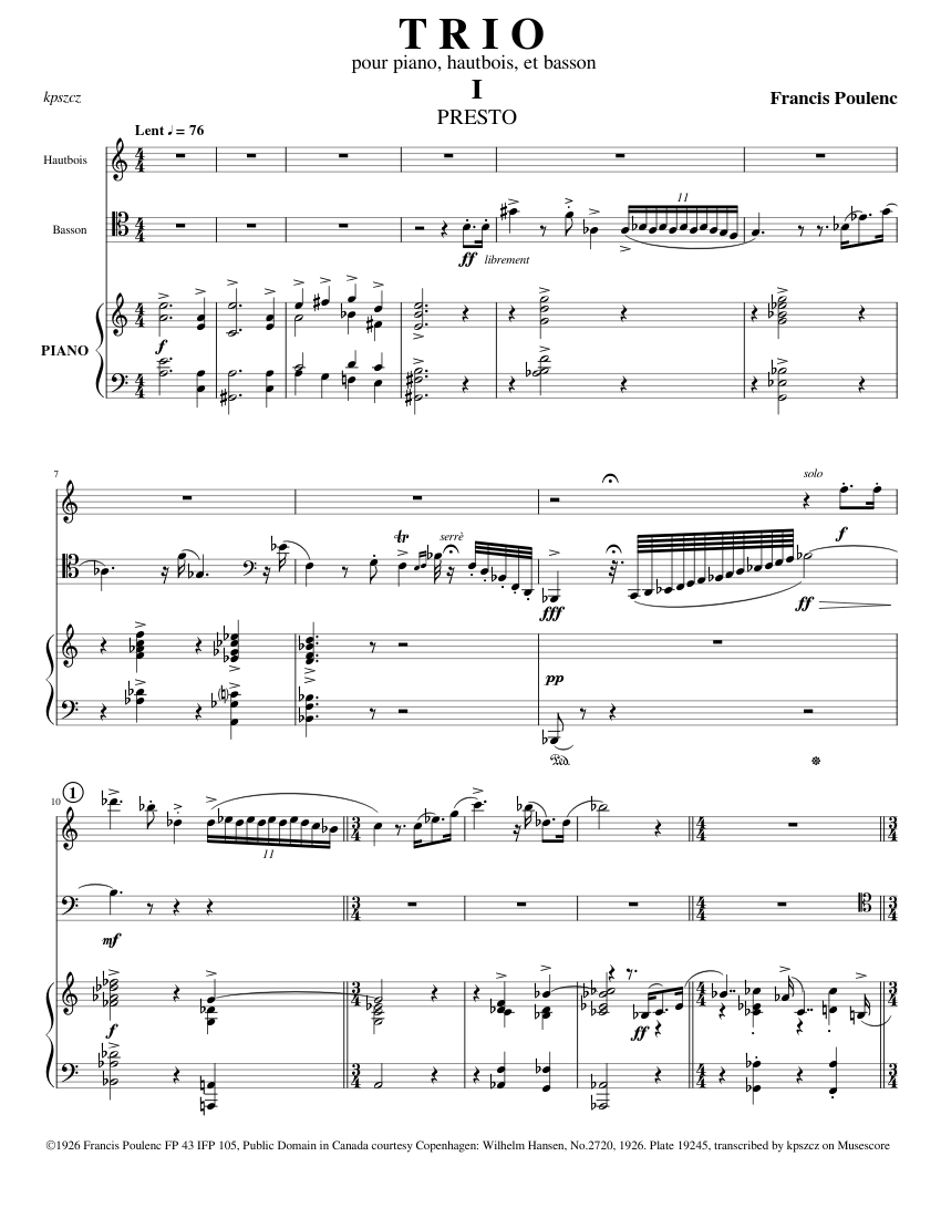 Poulenc, Trio for Oboe, Bassoon and Piano, I. PRESTO Sheet music for
