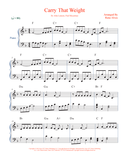 Carry That Weight (Arr. Rene Alves) - The Beatles (Easy Piano)