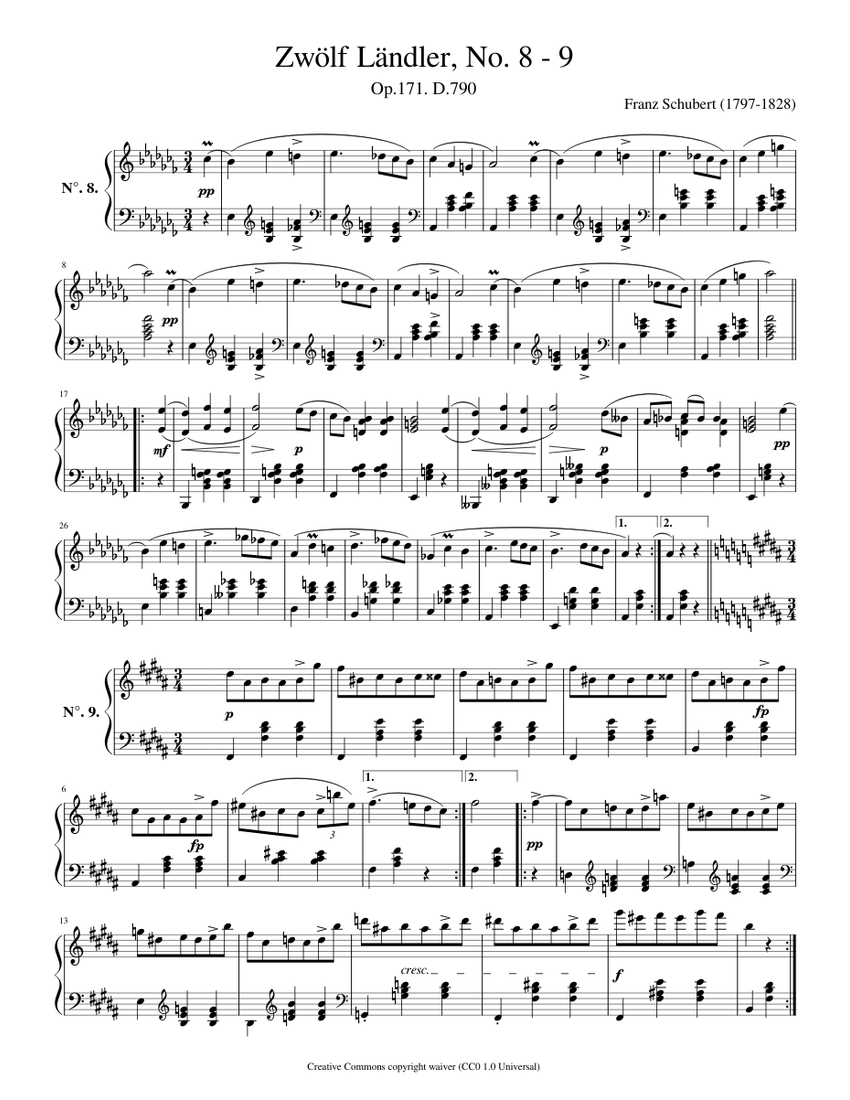 Schubert Franz - 12 Länder Op171 D790 No 8 & No. 9 Sheet Music for