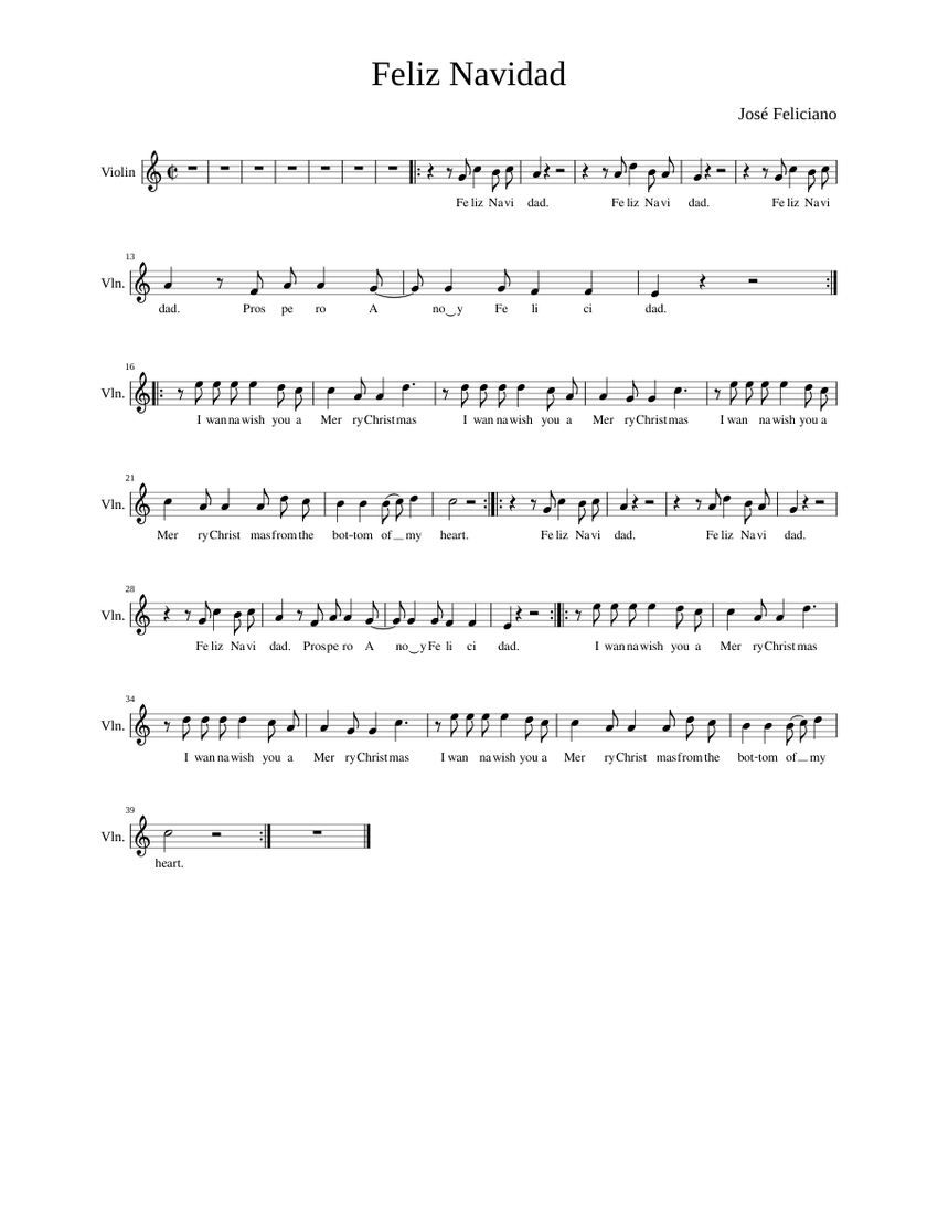 Solo violin sheet music for Feliz Navidad by José Feliciano with clear musical notation