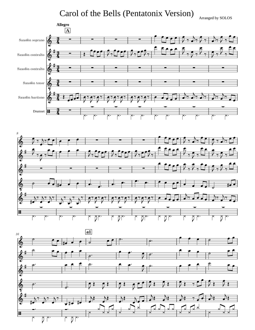 Carol of the bells – Pentatonix Sheet Music for Soprano, Saxophone alto ...