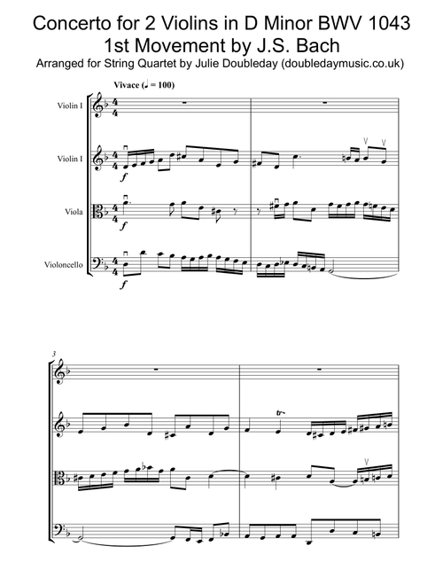 Bach: Double Violin Concerto in D Minor BWV 1043 (1st Movement) for String Quartet - Score and Parts (Arr. Julie Doubleday) - Johann Sebastian Bach (String Quartet)