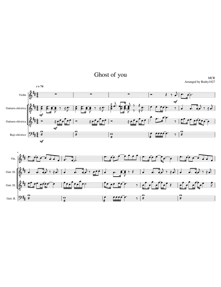 Ghost of you - My Chemical Romance Sheet Music for Violin, Guitar