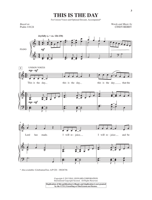 This Is The Day (Arr. Cindy Berry) (Choral, Unison)